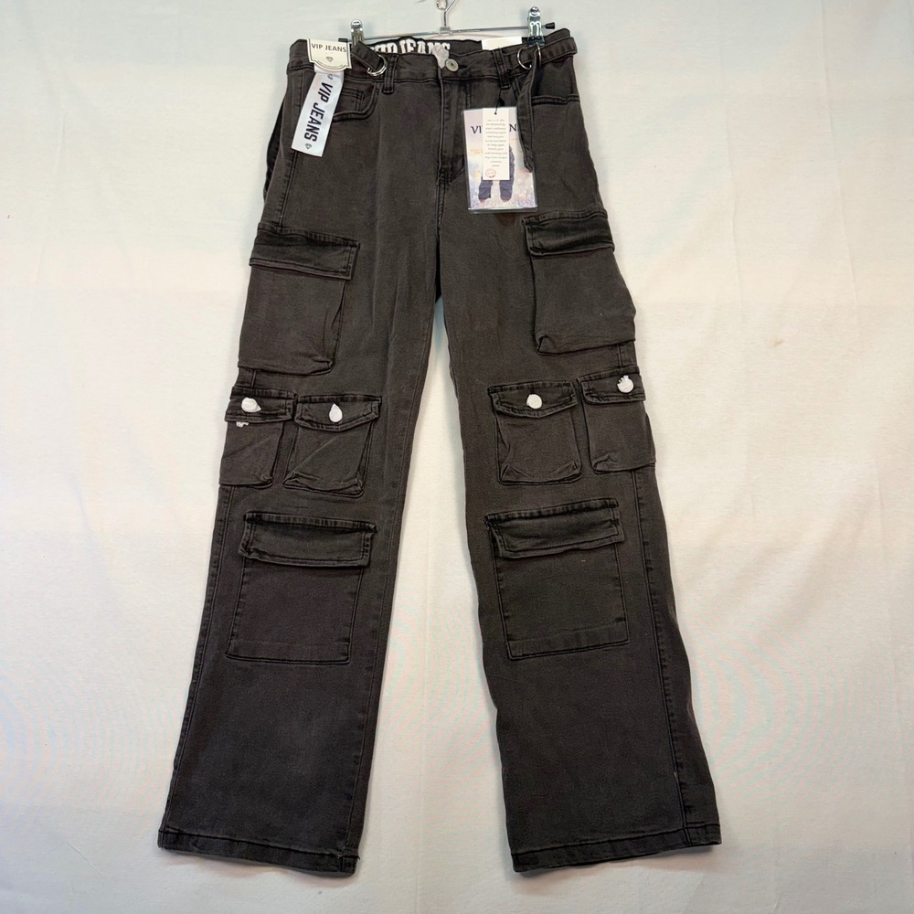 VIP Jeans Womens Wide Leg Cargo Pants Washed Black Sculpting Stretch Size 13/31